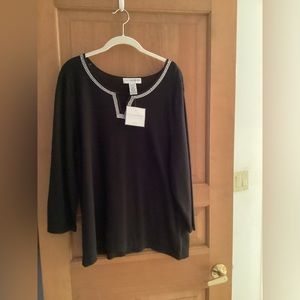 NWT SAG HARBOR BLACK WOMANS SWEATER WITH EMBELLISHED NECKLINE SIZE 1 X